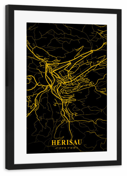 Poster mit Rahmen schwarz "Herisau Stadtkarte" artboxONE - Städte / Weitere,Kartografie