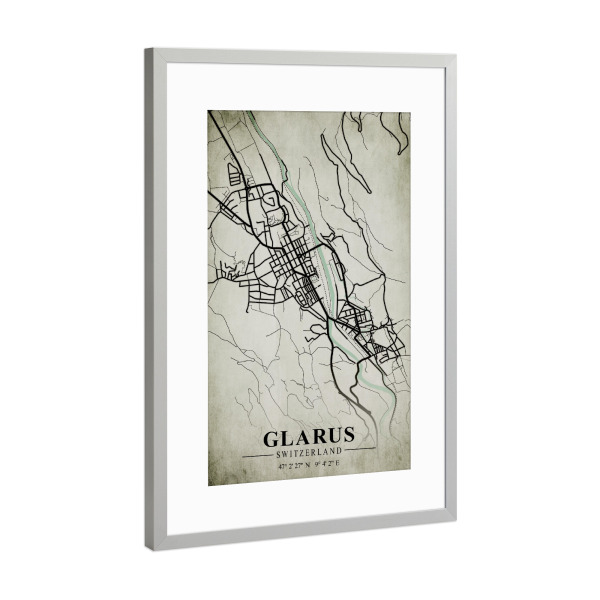 Poster mit Rahmen Silber "Glarus Vintage Stadt" artboxONE - Städte / Weitere,Kartografie