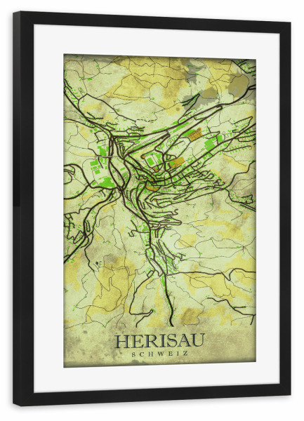Poster mit Rahmen schwarz "Stadt Herisau Vintage" artboxONE - Städte / Weitere,Kartografie