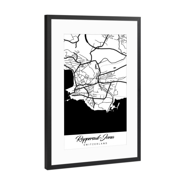 Poster mit Rahmen Schwarz (Metallic) "Stadt Rapperswil-Jona" artboxONE - Schwarzweiß,Städte / Weitere,Kartografie
