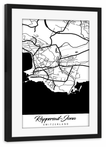 Poster mit Rahmen schwarz "Stadt Rapperswil-Jona" artboxONE - Schwarzweiß,Städte / Weitere,Kartografie