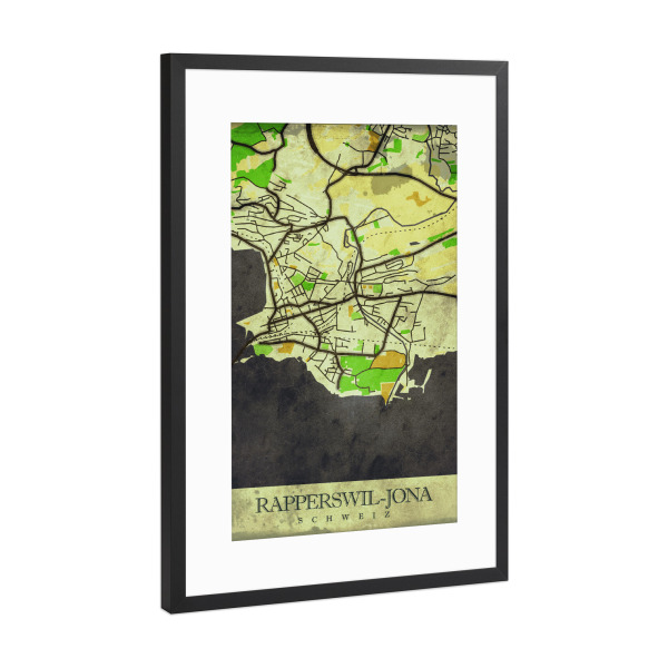 Poster mit Rahmen Schwarz (Metallic) "Stadt Rapperswil-Jona Vintage" artboxONE - Städte / Weitere,Kartografie