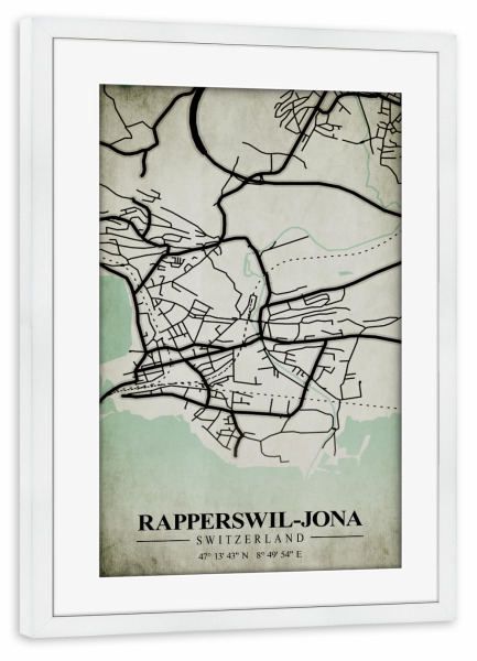 Poster mit Rahmen weiß "Rapperswil-Jona Vintage Stadt" artboxONE - Städte / Weitere,Kartografie