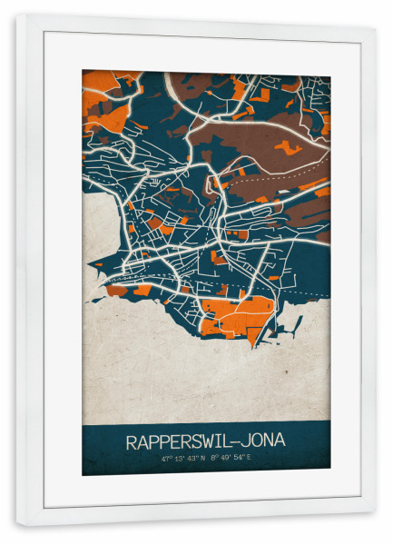 Poster mit Rahmen weiß "Rapperswil-Jona City Retro" artboxONE - Städte / Weitere,Kartografie