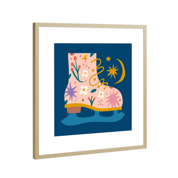 Poster mit Rahmen Gold "Happy Christmas (24)" artboxONE - Für Kinder,Weihnachten,Für Mama - Weihnachten,Winter,Schlittschuhe,Mond,Sterne,Illustration