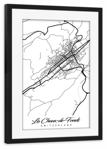 Poster mit Rahmen schwarz "Stadt La Chaux-de-Fonds" artboxONE - Schwarzweiß,Städte / Weitere,Kartografie