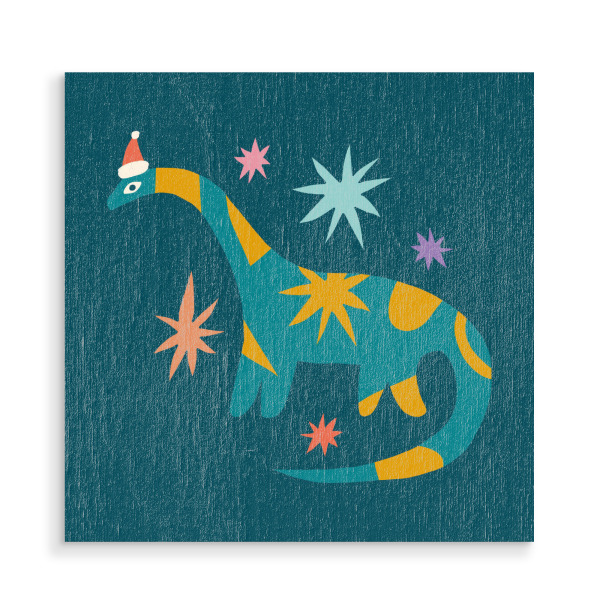 Holzbild "Happy Christmas (32)" artboxONE - Für Kinder,Weihnachten,Für Mama - Weihnachten,Dino,Sterne,Illustration,Dekorative kunst