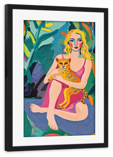 Poster mit Rahmen schwarz "Frau mit Geparden im Dschungel" artboxONE - Natur,Tiere,Menschen