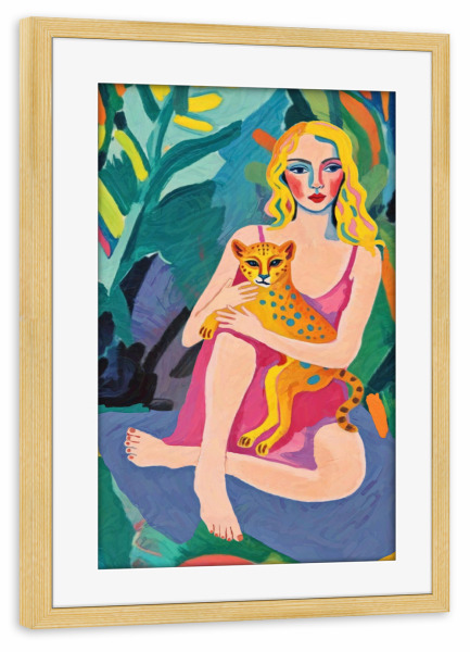 Poster mit Rahmen kiefer "Frau mit Geparden im Dschungel" artboxONE - Natur,Tiere,Menschen