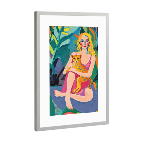 Poster mit Rahmen Silber "Frau mit Geparden im Dschungel" artboxONE - Natur,Tiere,Menschen