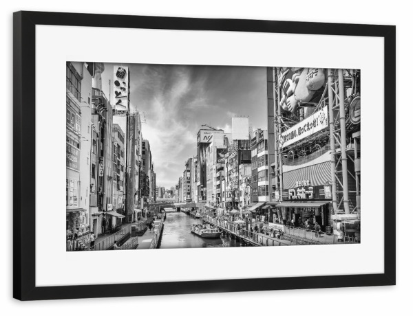 Poster mit Rahmen schwarz "Dotonbori in Osaka" artboxONE - Schwarzweiß,Architektur,Reise / Asien