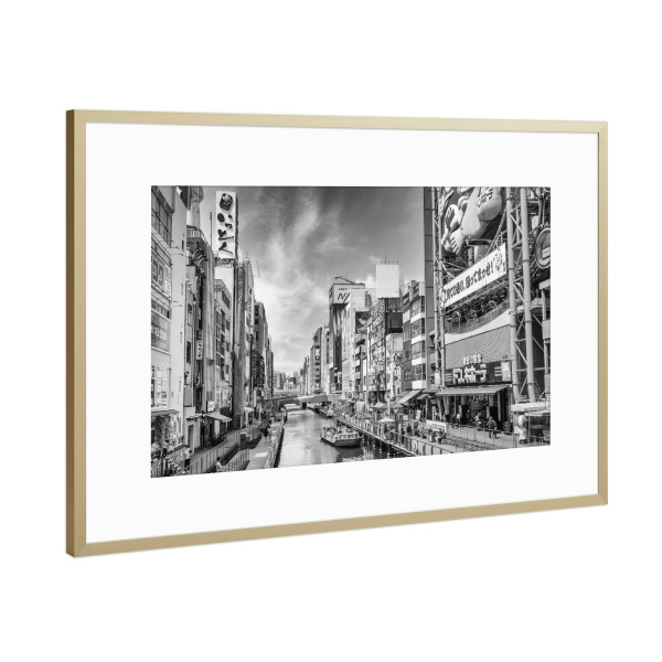 Poster mit Rahmen Gold "Dotonbori in Osaka" artboxONE - Schwarzweiß,Architektur,Reise / Asien