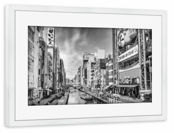 Poster mit Rahmen weiß "Dotonbori in Osaka" artboxONE - Schwarzweiß,Architektur,Reise / Asien