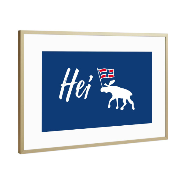 Poster mit Rahmen Gold "Hei Norwegen Elch mit Flagge" artboxONE - Typografie,Reise,Tiere,Reise / Länder