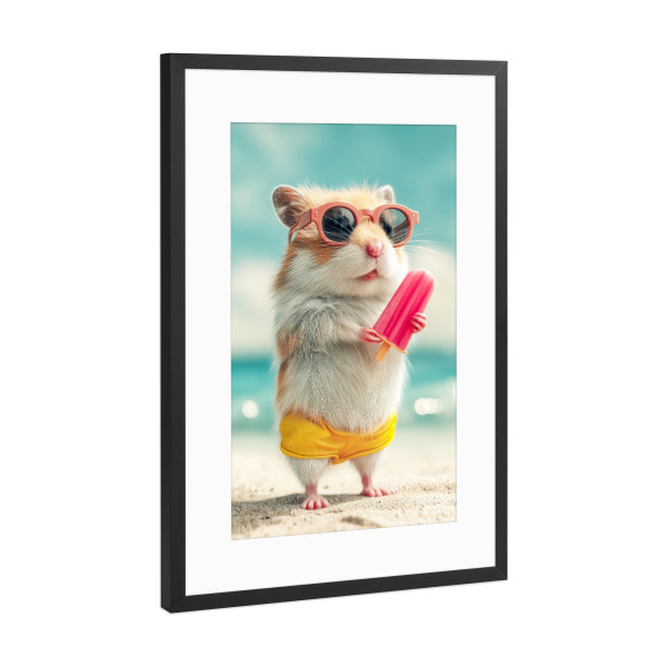 Poster mit Rahmen Schwarz (Metallic) "Hamster am Strand" artboxONE - Tiere