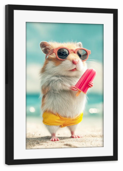 Poster mit Rahmen schwarz "Hamster am Strand" artboxONE - Tiere - Hamster,Strand,Sommer,Eis am stiel,Sonnenbrille,Niedlich,Cool,Tiere,Witzig,Urlaub