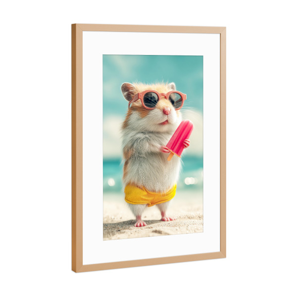 Poster mit Rahmen Kupfer "Hamster am Strand" artboxONE - Tiere - Hamster,Strand,Sommer,Eis am stiel,Sonnenbrille,Niedlich,Cool,Tiere,Witzig,Urlaub