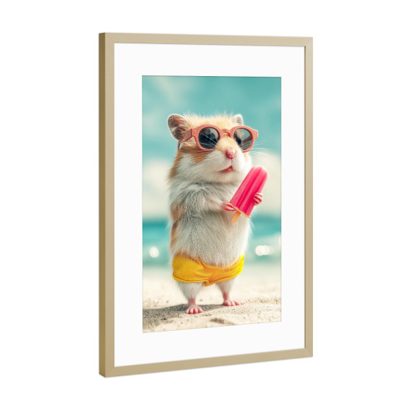 Poster mit Rahmen Gold "Hamster am Strand" artboxONE - Tiere - Hamster,Strand,Sommer,Eis am stiel,Sonnenbrille,Niedlich,Cool,Tiere,Witzig,Urlaub