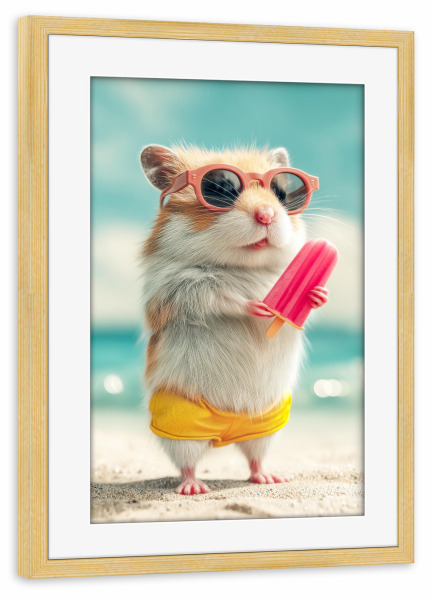 Poster mit Rahmen kiefer "Hamster am Strand" artboxONE - Tiere - Hamster,Strand,Sommer,Eis am stiel,Sonnenbrille,Niedlich,Cool,Tiere,Witzig,Urlaub