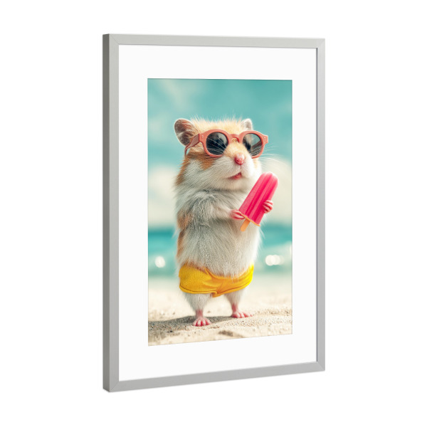 Poster mit Rahmen Silber "Hamster am Strand" artboxONE - Tiere - Hamster,Strand,Sommer,Eis am stiel,Sonnenbrille,Niedlich,Cool,Tiere,Witzig,Urlaub