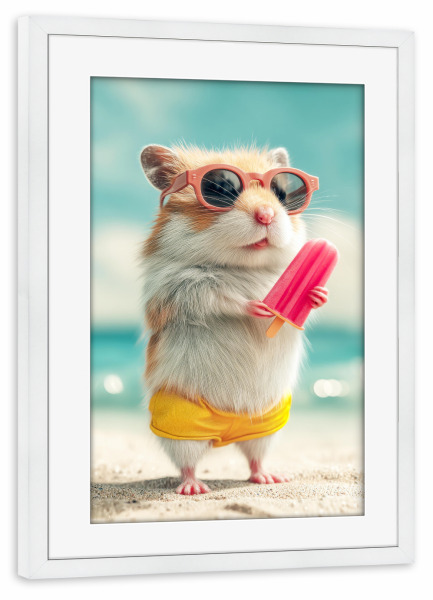Poster mit Rahmen weiß "Hamster am Strand" artboxONE - Tiere - Hamster,Strand,Sommer,Eis am stiel,Sonnenbrille,Niedlich,Cool,Tiere,Witzig,Urlaub