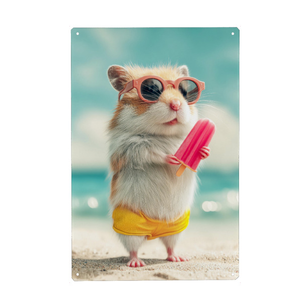 Metall Poster "Hamster am Strand" artboxONE - Tiere - Hamster,Strand,Sommer,Eis am stiel,Sonnenbrille,Niedlich,Cool,Tiere,Witzig,Urlaub - Blechschild