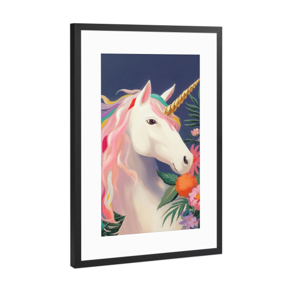 Poster mit Rahmen Schwarz (Metallic) "Einhorn im Blütentraum" artboxONE - Natur,Floral,Tiere