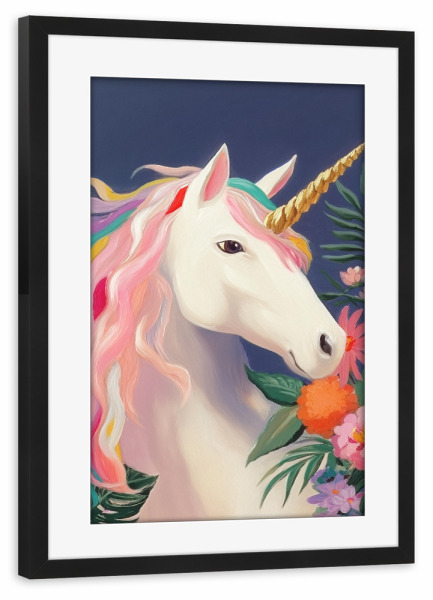 Poster mit Rahmen schwarz "Einhorn im Blütentraum" artboxONE - Natur,Floral,Tiere