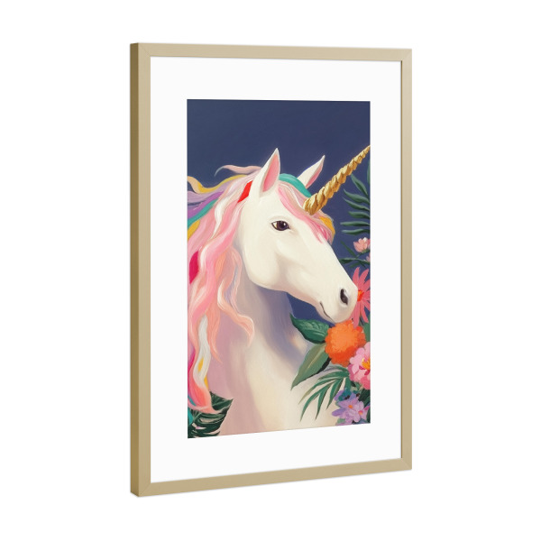 Poster mit Rahmen Gold "Einhorn im Blütentraum" artboxONE - Natur,Floral,Tiere
