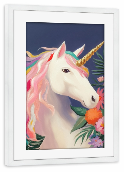 Poster mit Rahmen weiß "Einhorn im Blütentraum" artboxONE - Natur,Floral,Tiere
