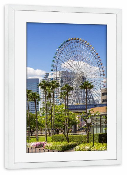 Poster mit Rahmen weiß "Yokohama Skyline mit Riesenrad" artboxONE - Architektur,Reise / Asien,Städte / Weitere