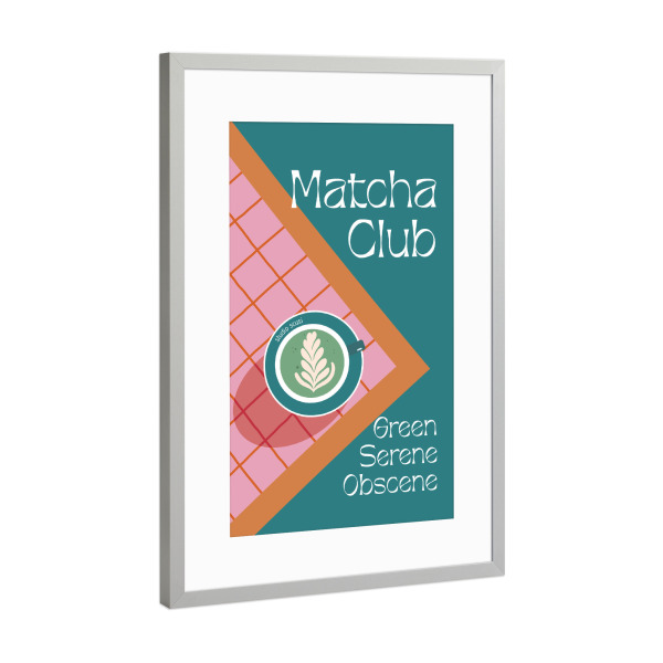 Poster mit Rahmen Silber "Matcha Club - Green" artboxONE - Essen & Trinken - Matcha,Cup,Table,Top down,Coffee,Green,Matcha latte