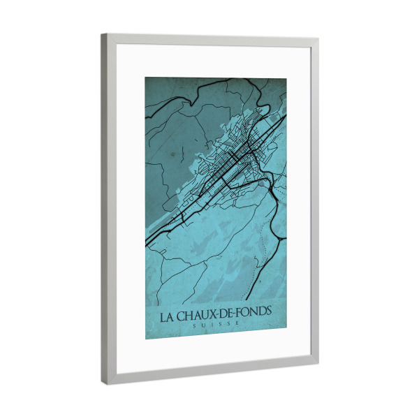 Poster mit Rahmen Silber "Stadt La Chaux-de-Fonds Retro Map" artboxONE - Städte / Weitere,Kartografie