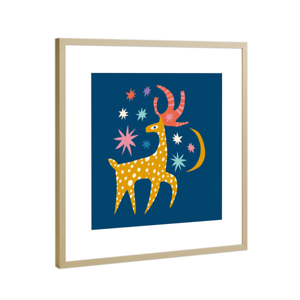 Poster mit Rahmen Gold "Happy Christmas (38)" artboxONE - Für Kinder,Weihnachten,Für Mama - Weihnachten,Reh,Hirsch,Sterne,Illustration,Treechild