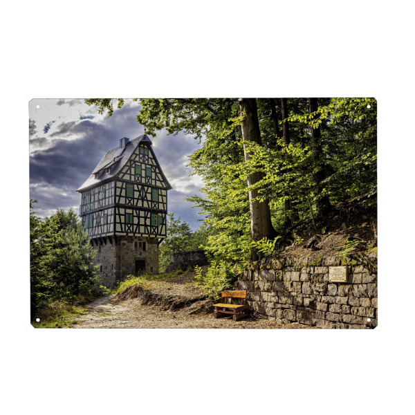 Metall Poster "Der Herzogstuhl" artboxONE - Architektur - Herzogstuhl,Rieseneck,Saale holzland kreis,Thüringen,Burg,Schloss,Turm,Fachwerkhaus