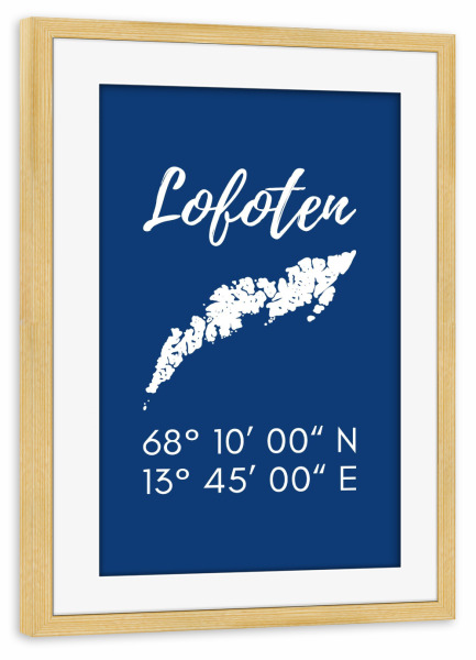 Poster mit Rahmen kiefer "Lofoten Koordinaten" artboxONE - Typografie,Reise,Reise / Strand und Meer,Reise / Länder