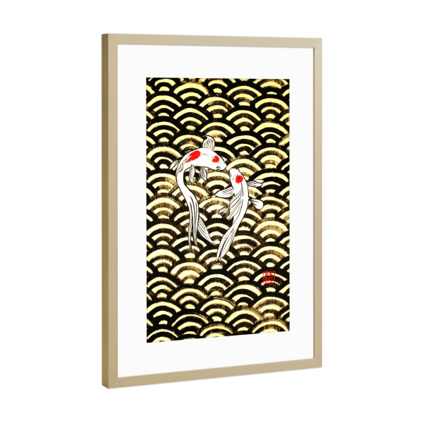 Poster mit Rahmen Gold "Koi auf Holz" artboxONE - Tiere,Abstrakt - Koi,Karpfen,Japan,Sumie,Seigaiha