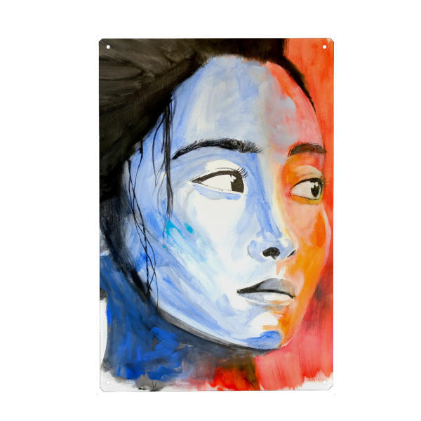 Metall Poster "Noriko in Blau" artboxONE - Abstrakt - Sumie,Japan,Frau,Gesicht,Rot,Blau - Blechschild