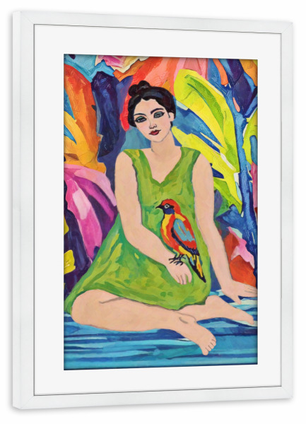 Poster mit Rahmen weiß "Frau und tropischer Vogel" artboxONE - Natur,Tiere,Menschen