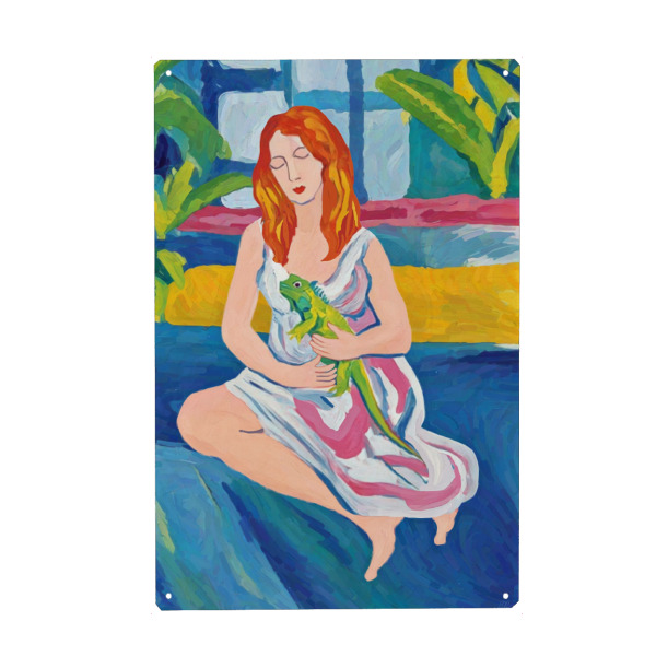 Metall Poster "Woman & Iguana Tropical Portrait" artboxONE - Natur,Tiere,Menschen - Frau,Iguan,Tropisch,Natur,Lebendig,Farbenfroh,Abstrakt,Farbenfroh