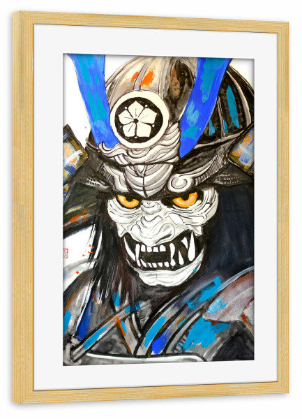 Poster mit Rahmen kiefer "Affe Samurai" artboxONE - Abstrakt - Samurai,Affe,Maske,Sumie,Japan,Rüstung