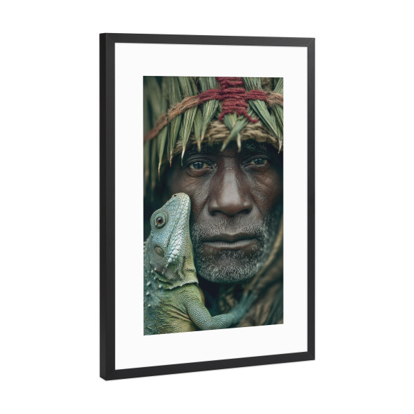 Poster mit Rahmen Schwarz (Metallic) "Chamäleon trifft Mensch" artboxONE - Natur,Tiere,Menschen