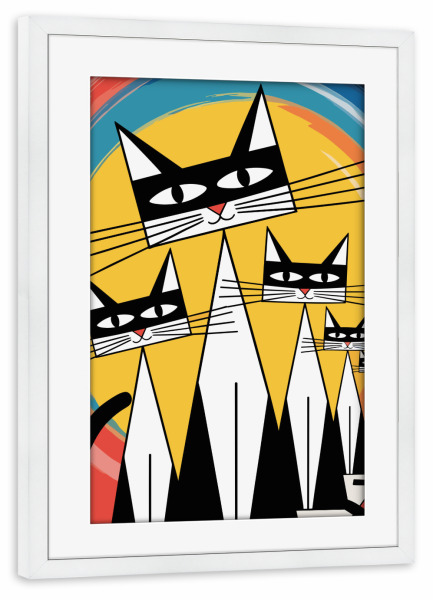 Poster mit Rahmen weiß "Line of Felines" artboxONE - Tiere,Lustig - Cat,Cats,Art,Kandinsky,Digital,Painting,Modern,Abstract,Geometric,Minimalis