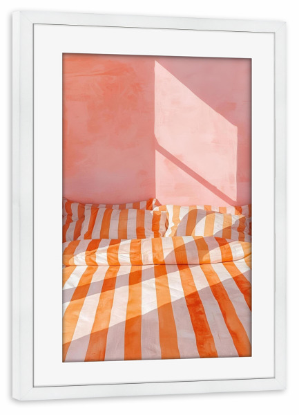 Poster mit Rahmen weiß "Bettgeschichten in Orange und Rosa" artboxONE - Architektur