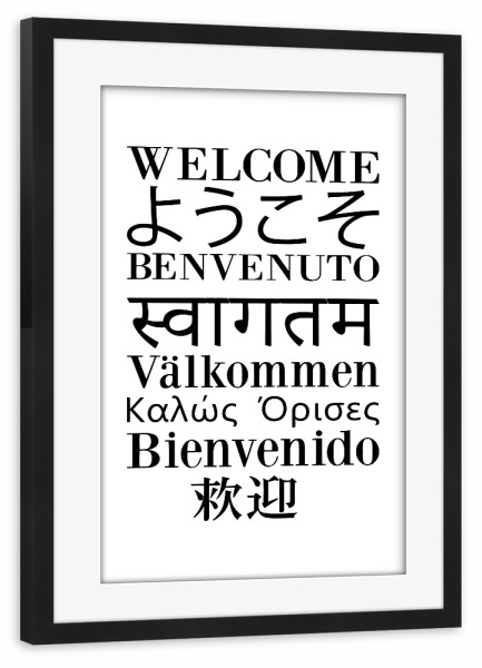 Poster mit Rahmen schwarz "Willkommen Sprachvielfalt" artboxONE - Typografie,Reise / Länder