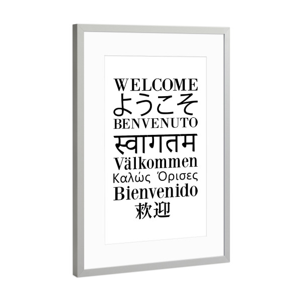 Poster mit Rahmen Silber "Willkommen Sprachvielfalt" artboxONE - Typografie,Reise / Länder