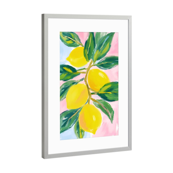 Poster mit Rahmen Silber "Zitronen am Zweig mit Rosa" artboxONE - Natur,Floral,Abstrakt,Essen & Trinken / Obst & Gemüse