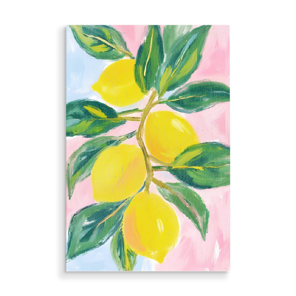 Holzbild "Zitronen am Zweig mit Rosa" artboxONE - Natur,Floral,Abstrakt,Essen & Trinken / Obst & Gemüse