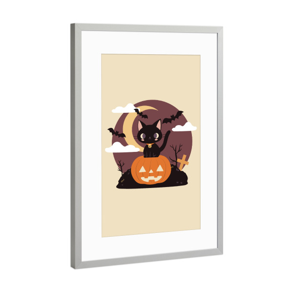 Poster mit Rahmen Silber "Spooky Black Cat on a Pumpkin" artboxONE - Tiere,Halloween