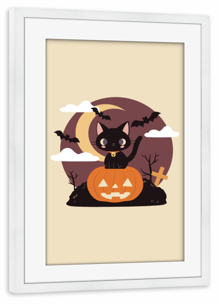 Poster mit Rahmen weiß "Spooky Black Cat on a Pumpkin" artboxONE - Tiere,Halloween